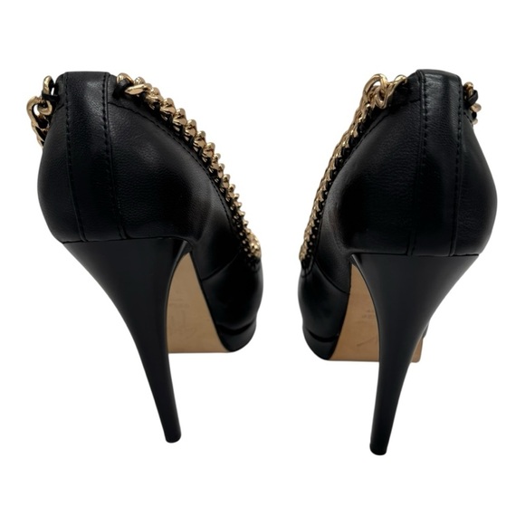Giuseppe Zanotti Black Leather Peep Toe Heels Gold Chain Detail Size 6.5 - Picture 9 of 13